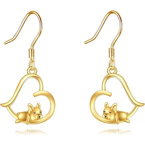 KECHO 14K Solid Gold French Bulldog Earrings for Women Heart Dangle Drop Dog Jewelry Birthday Gifts for Dog Lover