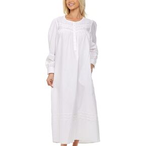 Alexander Del Rossa Women Cotton Victorian Nightgown Pocket, Long Sleeve Lace Trim Button Up Long Vintage Night Dress Gown
