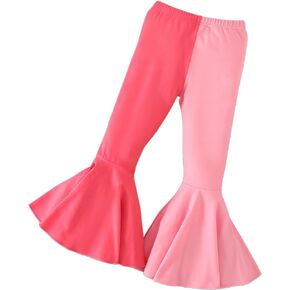 WDIRARA Girl's Bell Bottom Pants Color Block Ruffle High Elastic Waisted Flare Casual Pant