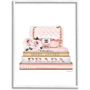Stupell Industries Pink Purse Gold Bookstack Glam Fashion Watercolor Design, Designed by Amanda Greenwood Art, 10 x 0.5 x 15, Wall Plaque
