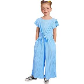 Jxstar Girls Jumpsuits Short Sleeve Rompers Kids High Waist With Belt Long Pants Solid Outfits