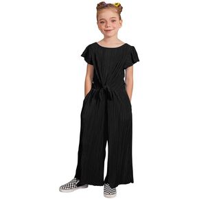 Jxstar Girls Jumpsuits Short Sleeve Rompers Kids High Waist With Belt Long Pants Solid Outfits