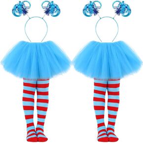 2 Set Kids World Book Day Thing Costume Include 5-layered Tutu Skirts Ponytail Headbands and Striped Knee Socks in Kuwait