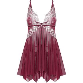 Oberitiny Women Lace Lingerie Front Closure Babydoll V Neck Nightwear Chemise Nightie