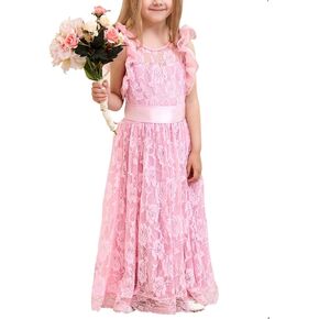 WIFFGO Flower Girl Dress 3-12 Years Special Occasion Junior Bridesmaid Long Laced Maxi Kids Dresses for Wedding