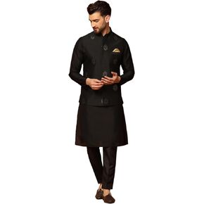 KISAH Men's Kurta Jacket Set Black Cotton Blend, Embroidered, Ethnic Wear