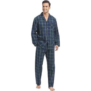 Men Cotton Pajama Set For Men 2 Piceces Plaid Comfy Nightwear PJS With Pockets