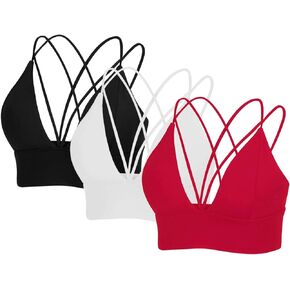MotoRun Womens Push-up Padded Strappy Sports Bra Cross Back Wirefree Fitness Yoga Top 3 Pack M