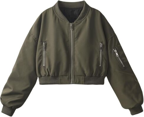 WELAKEN Lightweight Multiple Pockets Zip Up Bomber Jacket for Girls Toddler & Kids II Little Girl's Casual Flight Crop Jacket in Kuwait