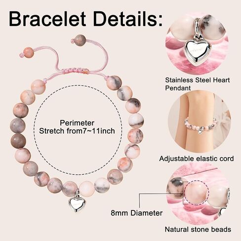Happy Birthday Gifts for 5-23 Year Old Girls, Pink Zebra Natural Stone Bracelet with Sweet Heart Charm and Message Card for Daughter Granddaughter Niece,Christmas Eve/Halloween/Christmas Gifts in Saudi Arabia