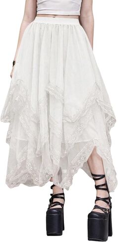 SHENHE Women's Lace Trim Layered Mesh Tulle Skirt High Waist Asymmetrical Long Goth Skirt in Saudi Arabia