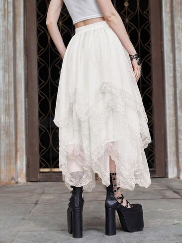 SHENHE Women's Lace Trim Layered Mesh Tulle Skirt High Waist Asymmetrical Long Goth Skirt in Saudi Arabia