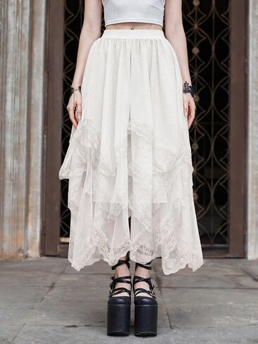 SHENHE Women's Lace Trim Layered Mesh Tulle Skirt High Waist Asymmetrical Long Goth Skirt in Saudi Arabia