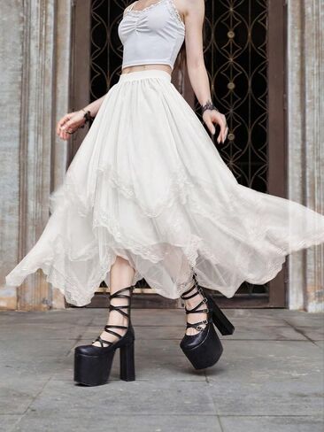 SHENHE Women's Lace Trim Layered Mesh Tulle Skirt High Waist Asymmetrical Long Goth Skirt in Saudi Arabia