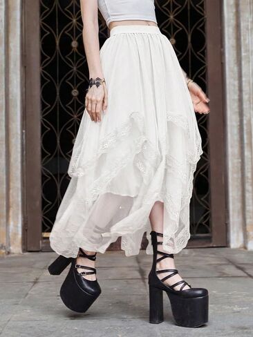 SHENHE Women's Lace Trim Layered Mesh Tulle Skirt High Waist Asymmetrical Long Goth Skirt in Saudi Arabia