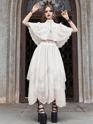 SHENHE Women's Lace Trim Layered Mesh Tulle Skirt High Waist Asymmetrical Long Goth Skirt in Saudi Arabia