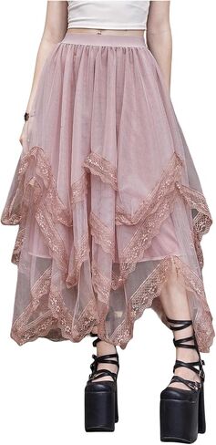SHENHE Women's Lace Trim Layered Mesh Tulle Skirt High Waist Asymmetrical Long Goth Skirt in Saudi Arabia