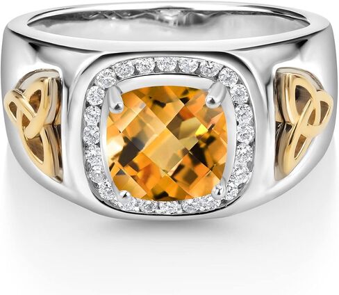 خاتم Gem Stone King للرجال من الفضة عيار 925 والذهب الأصفر عيار 10 قيراط على شكل وسادة شطرنج من السترين الأصفر والألماس الأبيض (2.26 قيراط، حجر ميلاد الأحجار الكريمة، متوفر بمقاس 7، 8، 9، 10، 11، 12، 13) in Saudi Arabia