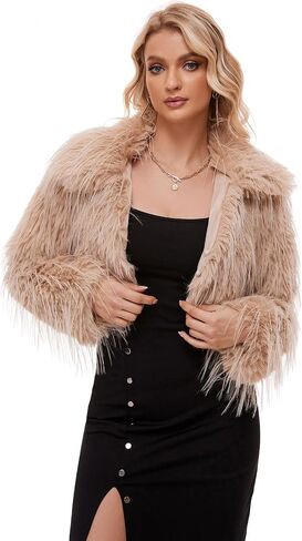 NATRUNSOO Womens Faux Fur Cropped Jacket Fluffy Open Front Long Sleeve Fashion Warm Shaggy Short Coat Outerwear in Saudi Arabia