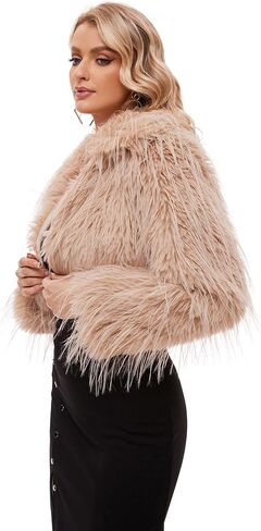NATRUNSOO Womens Faux Fur Cropped Jacket Fluffy Open Front Long Sleeve Fashion Warm Shaggy Short Coat Outerwear in Saudi Arabia