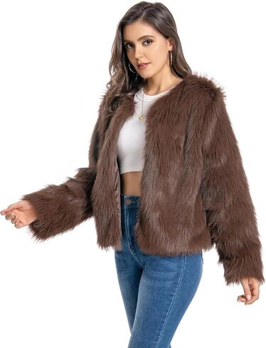 Fur Coat for Women,Faux Furry Long Sleeve Cropped Fluffy Jacket Shaggy Warm Winter Outerwear in Saudi Arabia