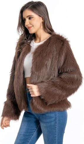 Fur Coat for Women,Faux Furry Long Sleeve Cropped Fluffy Jacket Shaggy Warm Winter Outerwear in Saudi Arabia