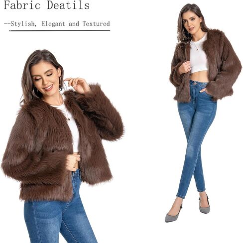 Fur Coat for Women,Faux Furry Long Sleeve Cropped Fluffy Jacket Shaggy Warm Winter Outerwear in Saudi Arabia