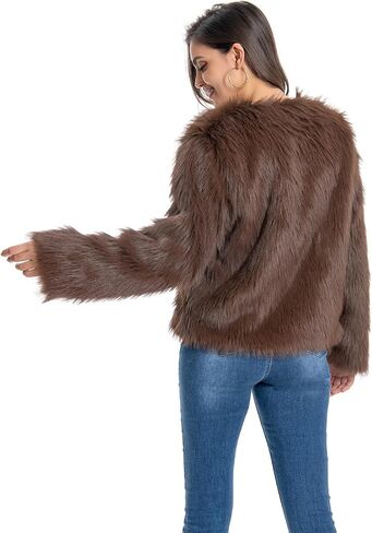 Fur Coat for Women,Faux Furry Long Sleeve Cropped Fluffy Jacket Shaggy Warm Winter Outerwear in Saudi Arabia