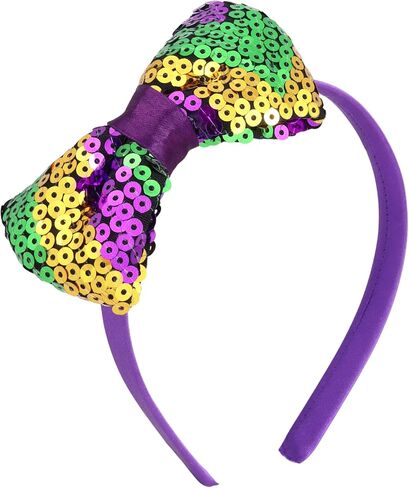 عصابة رأس Needzo 2024 Mardi Gras Glitter Bow، باللون الأرجواني والأخضر والذهبي، إكسسوار شعر للحفلات مقاس واحد in Saudi Arabia