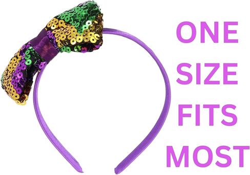 عصابة رأس Needzo 2024 Mardi Gras Glitter Bow، باللون الأرجواني والأخضر والذهبي، إكسسوار شعر للحفلات مقاس واحد in Saudi Arabia