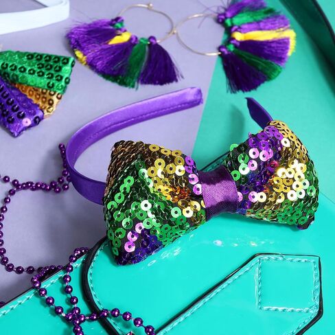 عصابة رأس Needzo 2024 Mardi Gras Glitter Bow، باللون الأرجواني والأخضر والذهبي، إكسسوار شعر للحفلات مقاس واحد in Saudi Arabia