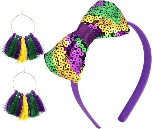 عصابة رأس Needzo 2024 Mardi Gras Glitter Bow، باللون الأرجواني والأخضر والذهبي، إكسسوار شعر للحفلات مقاس واحد in Saudi Arabia