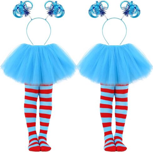 2 Set Kids World Book Day Thing Costume Include 5-layered Tutu Skirts Ponytail Headbands and Striped Knee Socks in Kuwait