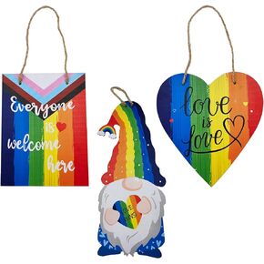Rainbow Pride Decorations, Wood Hanging Signs, Love Wins/Every One Is Welcome Here/Gnome Hanging Decorations for Office Outdoor Double Sided Printing| Perfect for Rainbow Pride Party - SET of 3