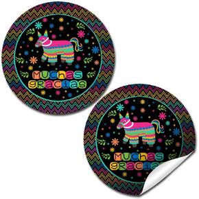 Pinata Hittin’ Neon Fiesta Themed Thank You Sticker Labels, 40 2" Party Circle Stickers by AmandaCreation, Great for Party Favors, Envelope Seals & Goodie Bags