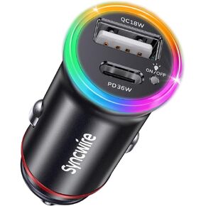 Syncwire USB C Car Charger 54W 2-Port [PD36W+QC18W] [Rainbow Light Switch] [Metal Body] Cigarette Lighter USB Type-C Charger Fast Charging Adapter for iPhone 15 14 13 12 11 Pro Max Plus Galaxy S23 etc