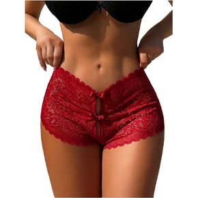 OYOANGLE Women's Cut Out Bow Knot Floral Lace Panties Scallop Trim Boyshorts Underwear
