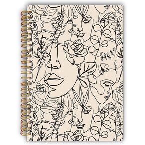 Boho Abstract Minimalist Woman Face Line Flower Floral Spiral Notebook,Laminated Hard Cover,College Ruled 5.5×8.3 Inches,Journal Notebooks for Journaling Writing Work Office College,Gifts