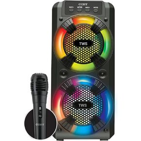 Coby True Wireless Speaker, 12-HR Rechargeable Portable Speaker, Multicolor LED Lights, USB, FM Radio, TF Card, 3.5mm AUX, Carry Handle & Mic