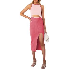 TOLENY Women's Midi Bodycon Dress Casual Crew Neck Regular Fitted Summer Cutout Dress