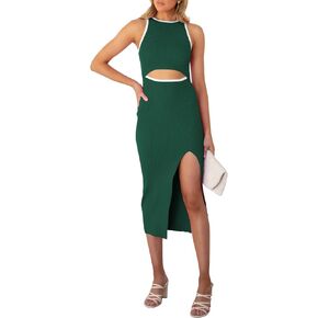 TOLENY Women's Midi Bodycon Dress Casual Crew Neck Regular Fitted Summer Cutout Dress