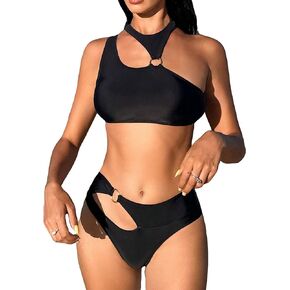 WDIRARA Women's Cut Out Ring Swimsuit Halter Asymmetrical Bikini Hipsters 2 Piece Bathing Suits