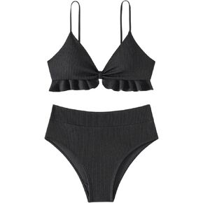 SweatyRocks Women's 2 Piece Bikini Set Ruffle Tummy Control Spaghetti Strap Tie Backless Swimsuit Set