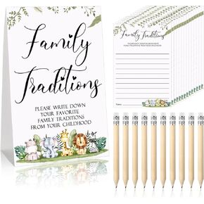 Fumete 61 Pieces Baby Shower Games Include Family Traditions Sign and 50 Baby Shower Family Traditions Cards with 10 Pencils for Baby Shower Party Decor (Forest Animals)