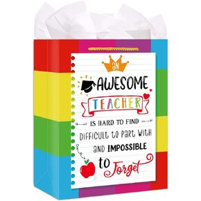 WhatSign Teacher Gift Bag with Handle 11.5" Teacher Appreciation Gift Bags with Tissue Paper End of Year Teacher Retirement Gifts Teachers Appreciation Day Graduation Paper Gift Wrap Bags for Teachers