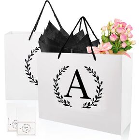8Pack Initial Letter Birthday Gifts Bag,2 Initial A Gift Bag with 4 Wrapping Tissue,2 Thank You Card,12" Large White Paper Bag for Men Women Boy Girl,Elegant Gift Bags for Bridal Shower Wedding Party