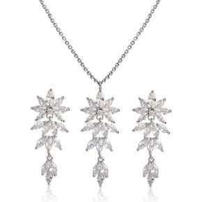 Wedding Jewelry Set for Brides - Women's Sterling Silver Bridal Cubic Zirconia CZ Rhinestone Diamond Leaf Flower Floral Cluster Necklace and Earrings Set for Bridesmaids Mother of Bride Party Prom Girls