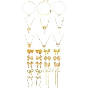 9 Pairs Gold Bow Earrings And 9 PCS Gold Bow Choker Necklace for Women Fashion Jewelry Set