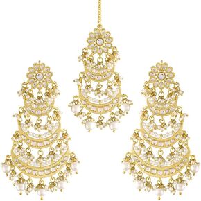 Aheli Kundan Pearl Long Dangle Chandbali Earring Maang Tikka Indian Traditional Bollywood Jewelry Set for Women Girls