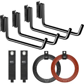E-Track J Hook with Loop Storage Straps|E Track Accessories for Enclosed Trailer for Cargo Tie Down Systems in Trucks, Trailers|E-Track Hook for Cables, Rope for Home, Garage Storage(Pack of 4 Black)